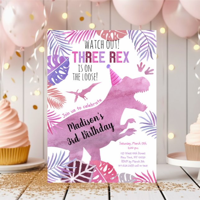 Three Rex Pink Purple Girl Dinosaur Birthday Invitation (Creator Uploaded)