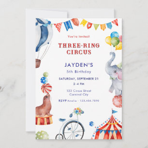 Three Ring Circus 5th Birthday Carnival Animal Invitation