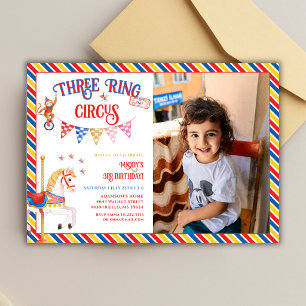 Three Ring Circus Animal 3rd Photo Birthday Party Invitation