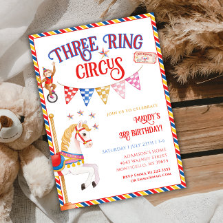 Three Ring Circus Cute Animals 3rd Birthday Party Invitation