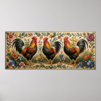 Three roosters in a blooming garden poster