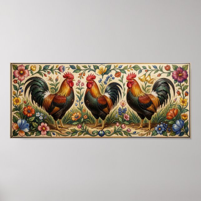 Three roosters in a blooming garden poster (Front)