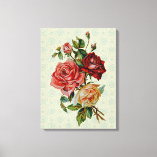 Three roses on Vintage pastel green pattern canvas Print