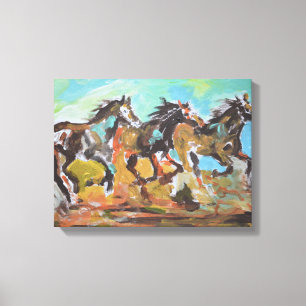 Three Running Wild Horses Neo-Expressionist Canvas Print