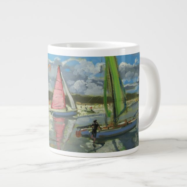 Three Sailboats Bray Dunes France Large Coffee Mug (Front Right)