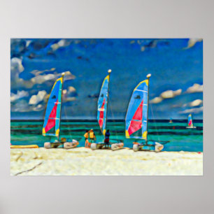 Three Sailboats on the Beach, Beach Scene Poster