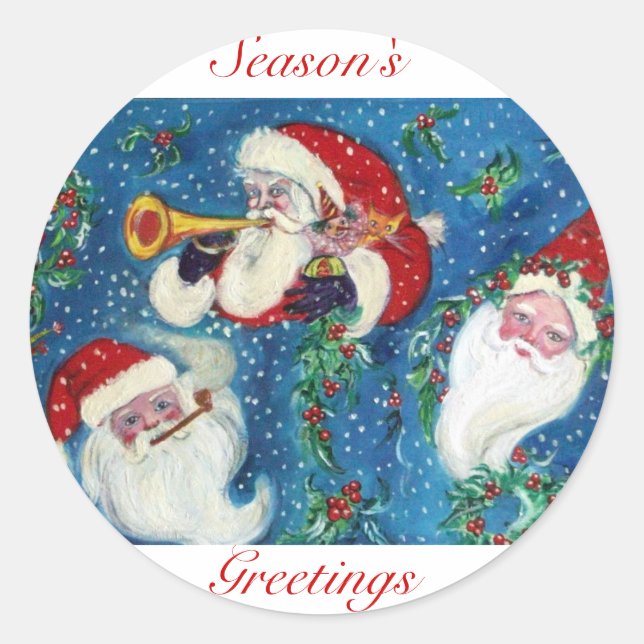 THREE SANTA / CHRISTMAS NIGHT White Blue Classic Round Sticker (Front)