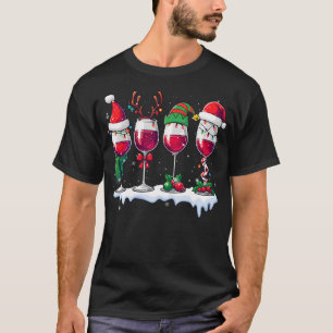 Three Santa Elf Reindeer Wine Glasses Christmas Dr T-Shirt