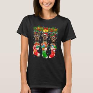 Three Santa Reindeer Elf Yorkshire Terriers In Xma T-Shirt