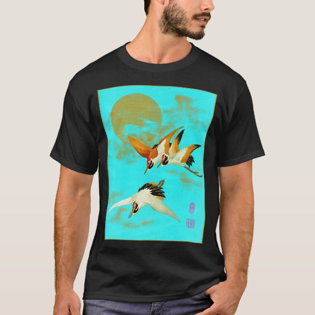 Three sarus crane flying in front of the moon T-Shirt (Front)