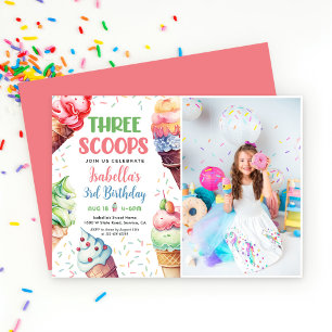 Three Scoops Girls Ice Cream 3rd Birthday  Invitation