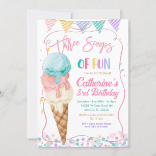 Three Scoops Of Fun 3rd Birthday Ice Cream Party Invitation