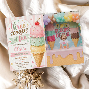 Three Scoops Of Fun 3rd Birthday Party Invitation
