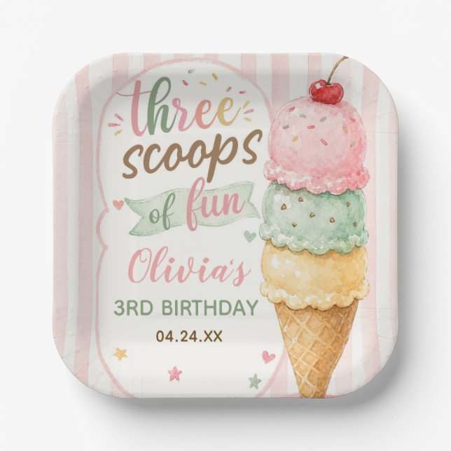 Three Scoops Of Fun 3rd Birthday Party  Paper Plate (Front)
