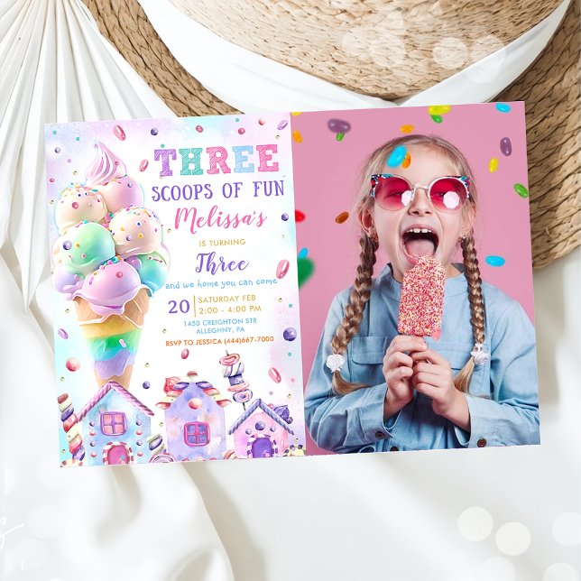 Three Scoops of Fun Ice Cream Birthday Photo Invitation (Creator Uploaded)