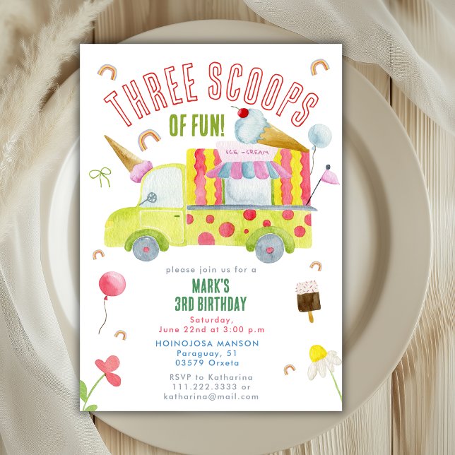 Three Scoops Of Fun Ice Cream Truck 3rd Birthday  Invitation (Creator Uploaded)