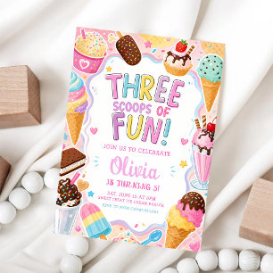 Three Scoops Pastel Ice Cream 3rd Birthday Invitation