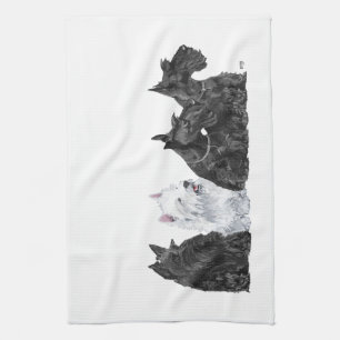 Three Scotties & a Westie Tea Towel