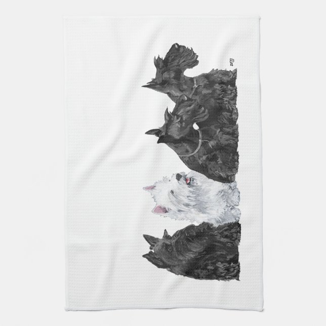 Three Scotties & a Westie Tea Towel (Vertical)