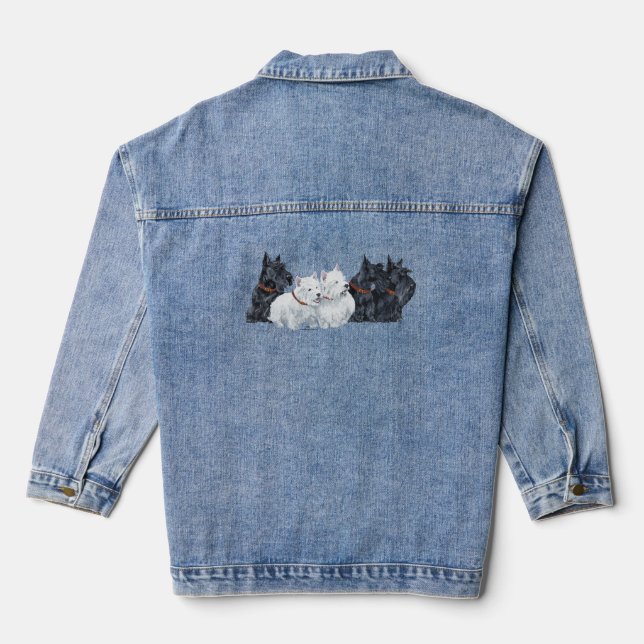 Three Scottish Terriers with Two Westies Denim Jacket (Back)