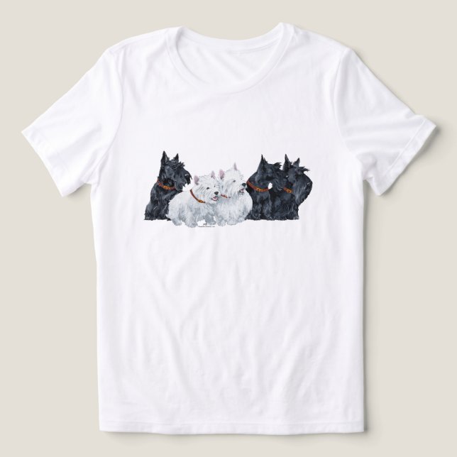 Three Scottish Terriers with Two Westies Tri-Blend Shirt (Design Front)