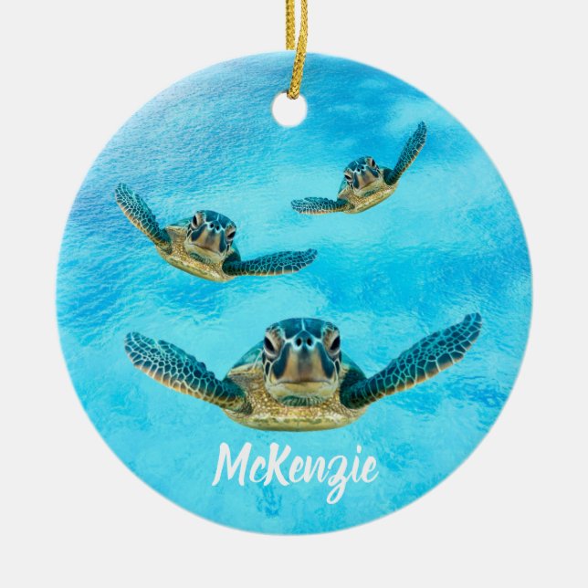 Three Sea Turtles Swimming Ceramic Tree Decoration (Front)