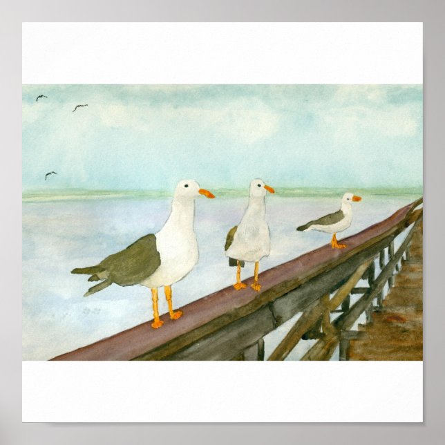 Three Seagulls on Railing Poster (Front)