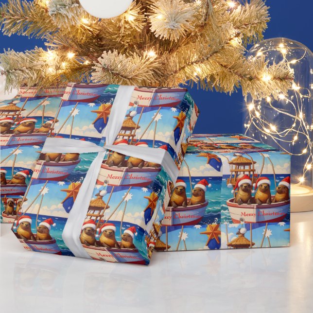 Three Seals with Santa hats Merry Christmas Wrapping Paper (Holidays)
