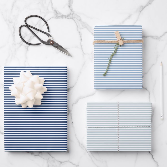Three Shades of Blue Stripes Wrapping Paper Sheet (Front)
