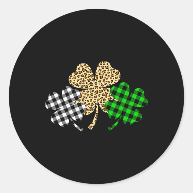 Three Shamrocks Leopard Buffalo Plaid St Patrick D Classic Round Sticker (Front)