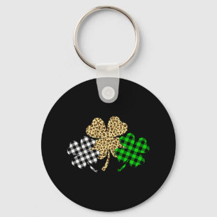 Three Shamrocks Leopard Buffalo Plaid St Patrick D Key Ring