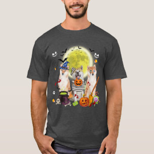 Three Shiba Inu Dogs Witch Scary Mummy Halloween  T-Shirt