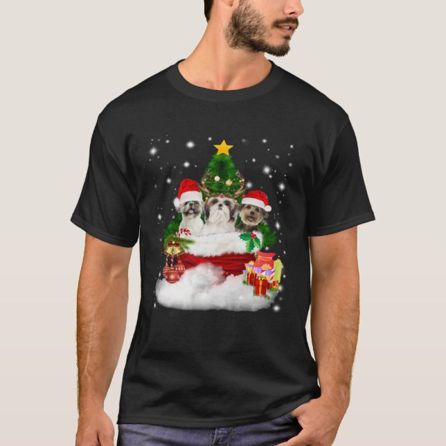 Three Shih Tzu In Santa Bag Christmas Costume T-Shirt (Front)