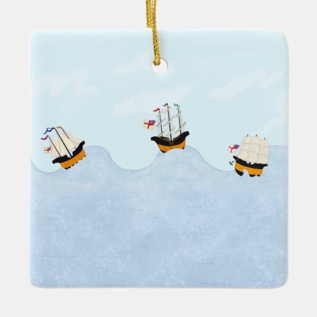Three Ships Sailing on the Rolling Sea Ceramic Ornament (Front)