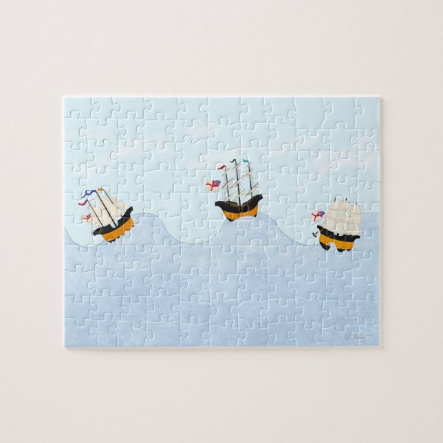 Three Ships Sailing on the Rolling Sea Kids Jigsaw Puzzle (Horizontal)