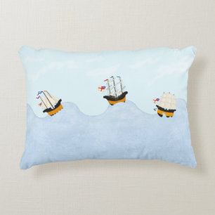 Three Ships Sailing on the Rolling Sea Nautical Decorative Cushion