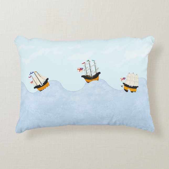 Three Ships Sailing on the Rolling Sea Nautical Decorative Cushion (Front)