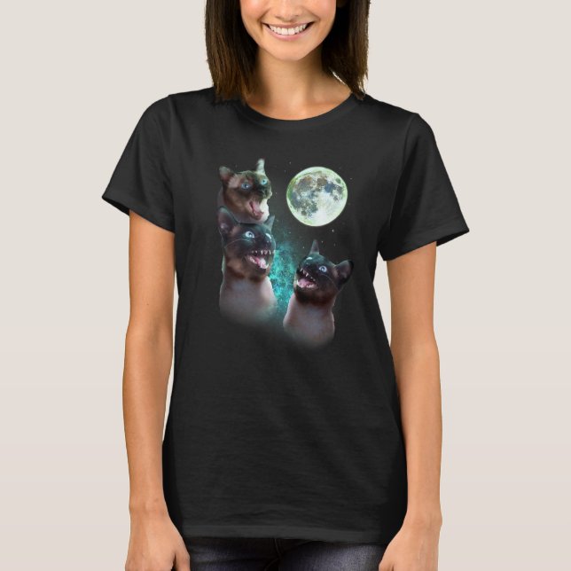 Three Siamese Cats Howl At The Moon Funny Hallowee T-Shirt (Front)