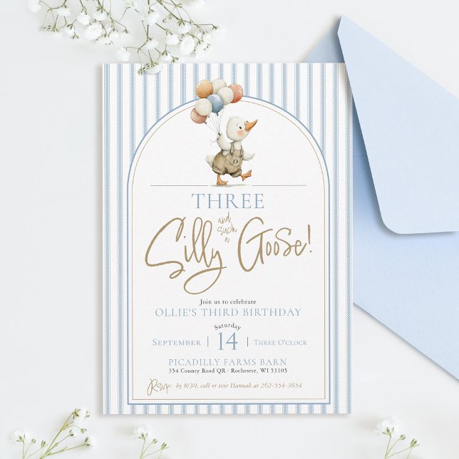 THREE Silly Goose Cute Pinstripe Boy 3rd Birthday Invitation (THREE Silly Goose cute modern arch whimsical ticking pinstripe boy 3rd birthday party invitation)