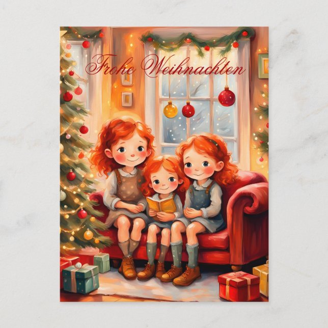 Three sisters are pleased with their new book postcard (Front)