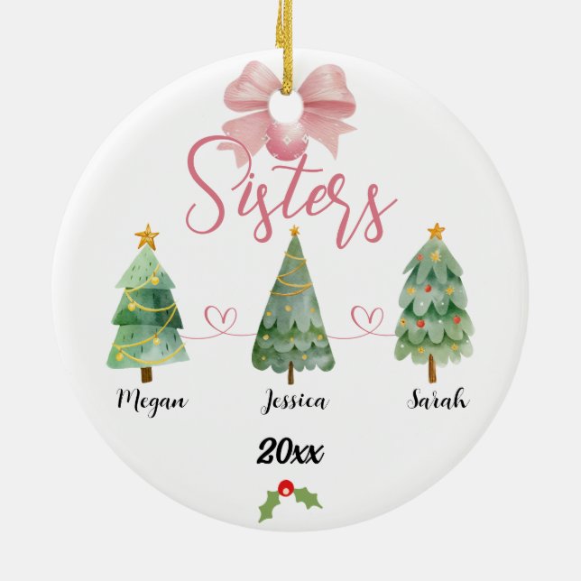 Three Sisters Christmas Tree With Custom names Ceramic Tree Decoration (Back)