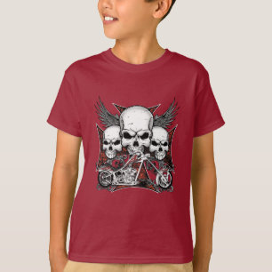 Three Skull with Red Chopper Motorcycle Boy  T-Shi T-Shirt