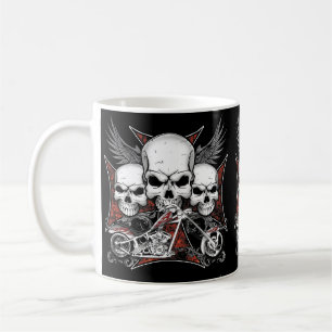 Three Skull with Red Chopper Motorcycle   Coffee Mug