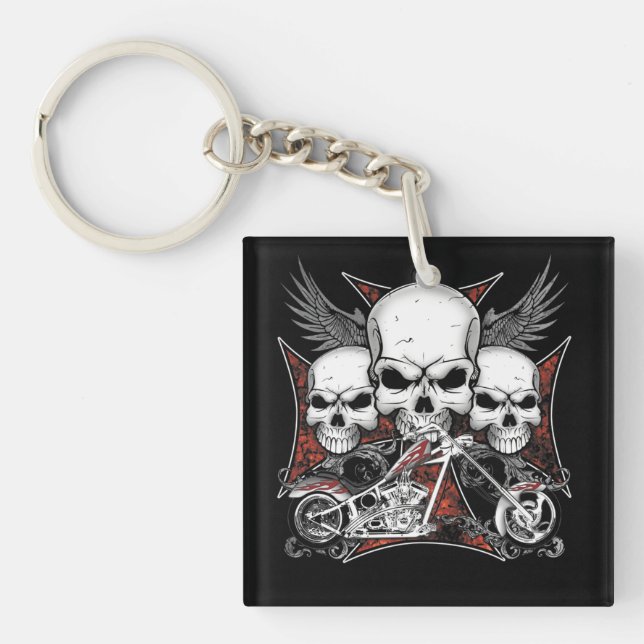 Three Skull with Red Chopper Motorcycle Key Ring (Front)