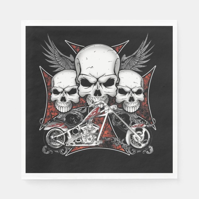 Three Skull with Red Chopper Motorcycle  Napkin (Front)