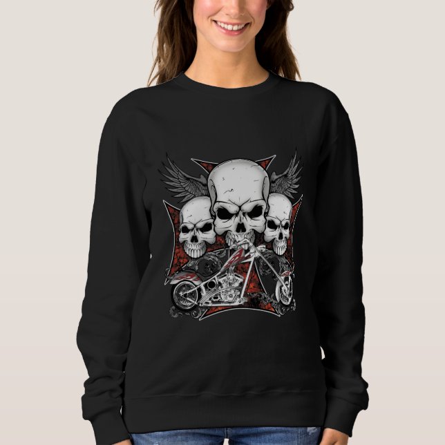 Three Skull with Red Chopper Motorcycle Sweatshirt (Front)