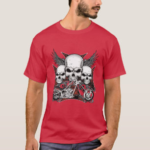 Three Skull with Red Chopper Motorcycle T-Shirt