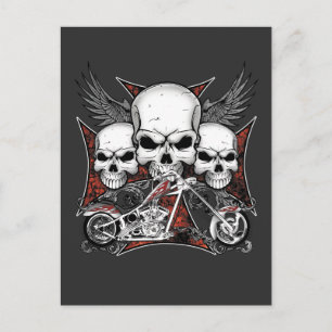 Three Skulls with Red Chopper Motorcycle Invitation Postcard