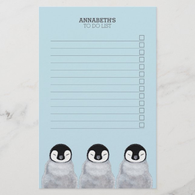 Three Sleeping Baby Penguin Chicks To Do List Stationery (Front)
