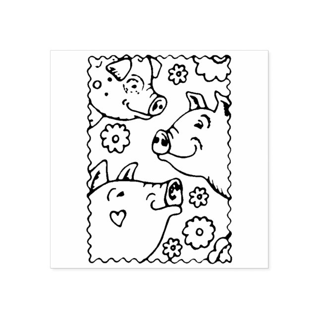THREE SMILING PIGS, FARM FAMILY, HAPPY BARNYARD RUBBER STAMP (Imprint)